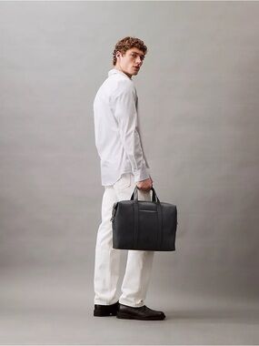 Calvin Klein / Men's Daniel Double Zip Commuter Computer Leather Briefcase Bag